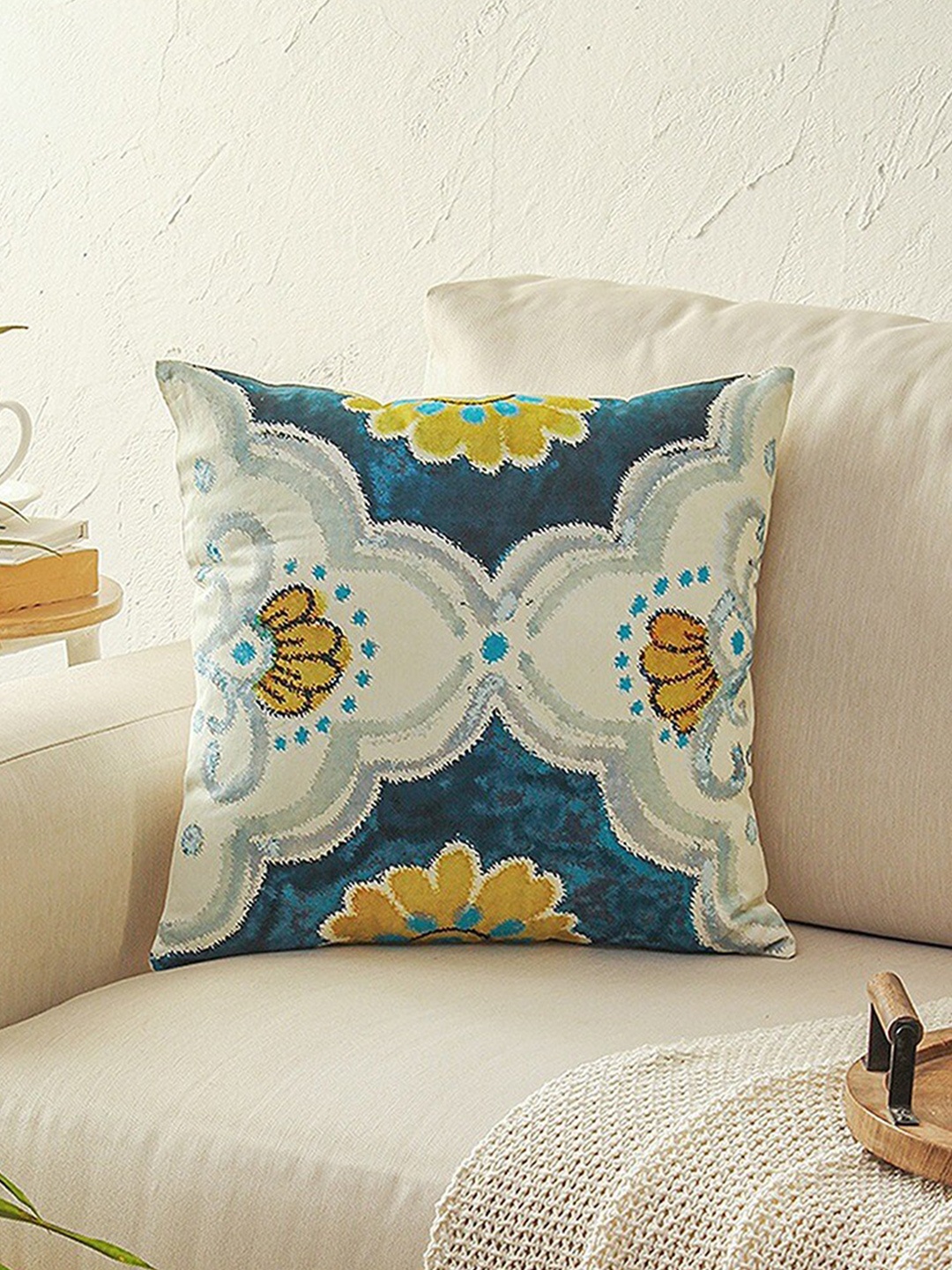 

House This Blue & Yellow 2 Pieces Floral Printed Cotton Square Cushion Covers