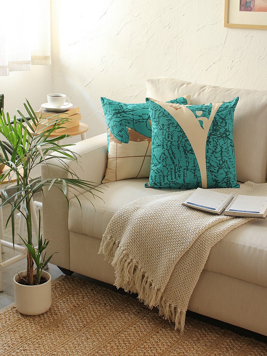 

House This Green & White 2 Pieces Abstract Printed Cotton Square Cushion Covers
