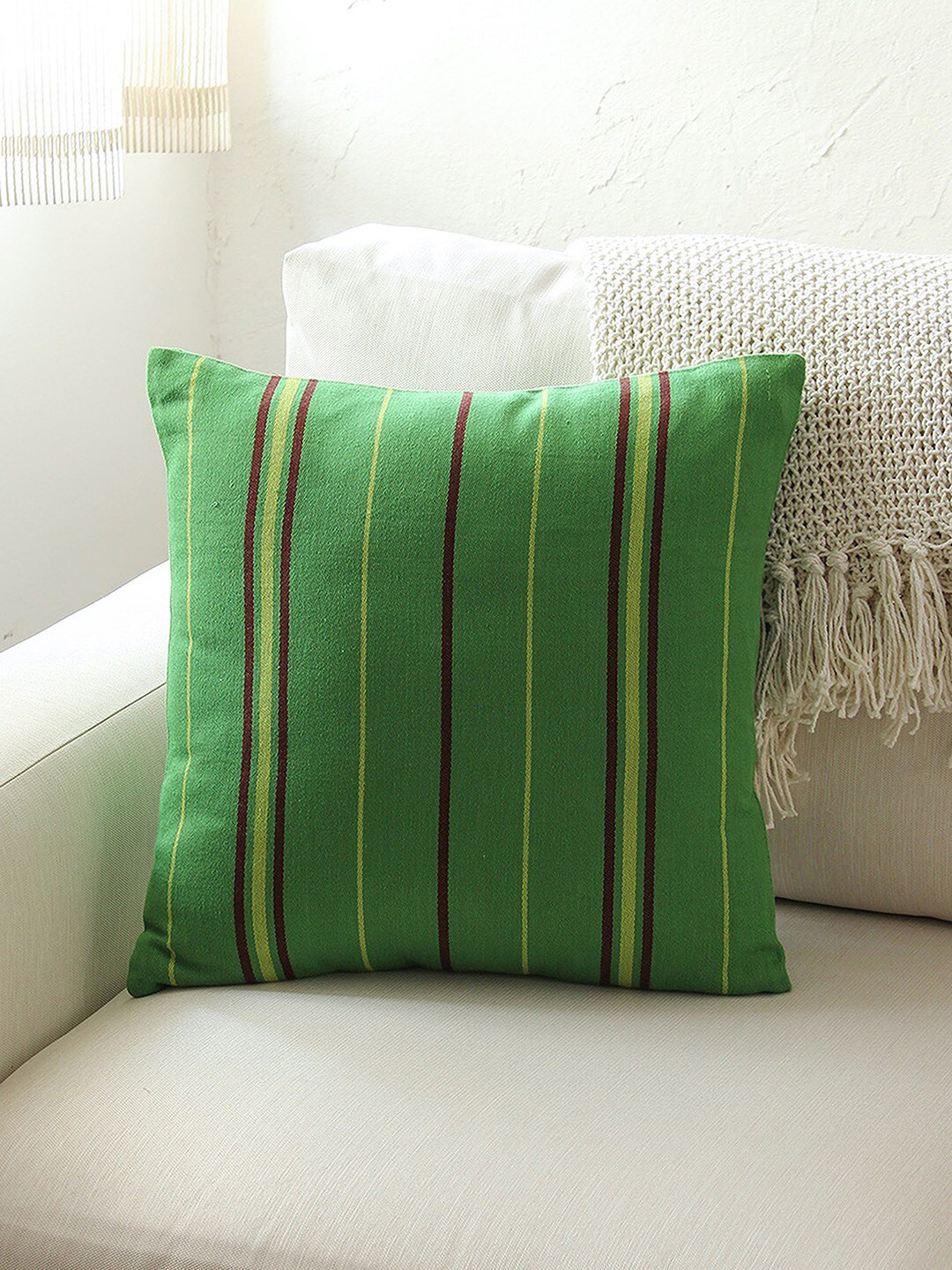 

House This Green & Maroon 2 Pieces Striped Cotton Square Cushion Covers