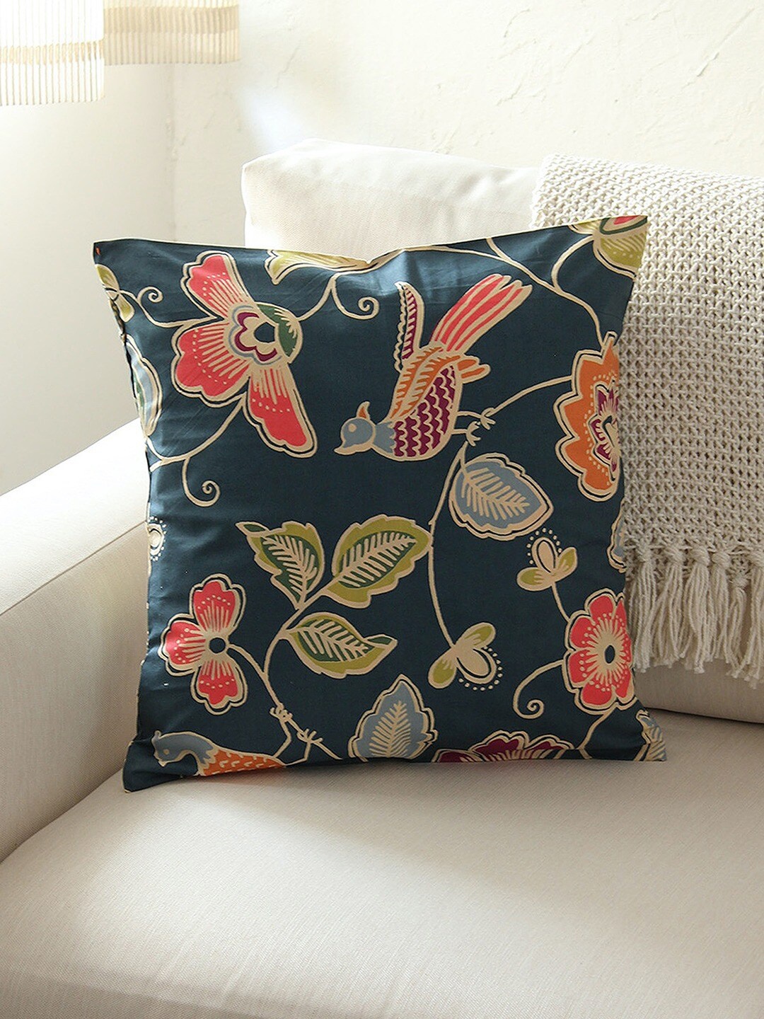 

House This Navy Blue & Orange 2 Pieces Floral Cotton Square Cushion Covers