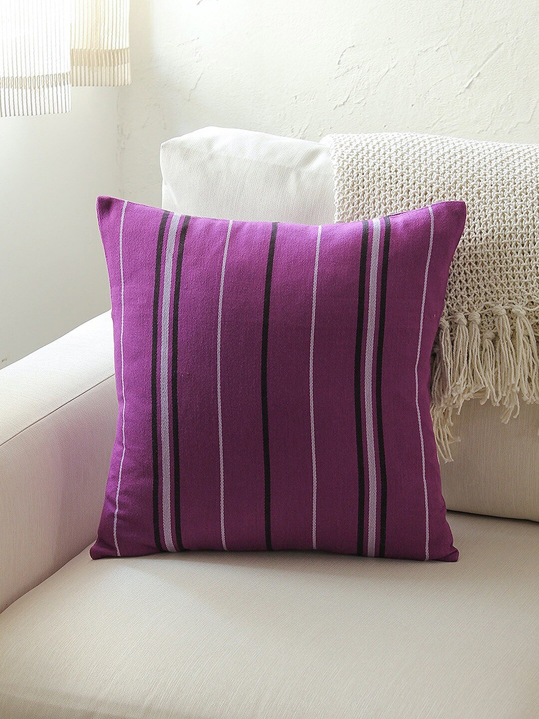 

House This Purple & Black 2 Pieces Striped Cotton Square Cushion Covers