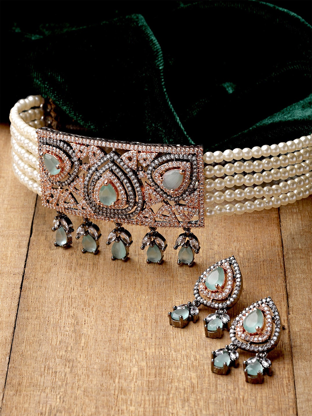 

KARATCART Rose Gold Plated CZ Studded Pearl Beaded Jewellery Set