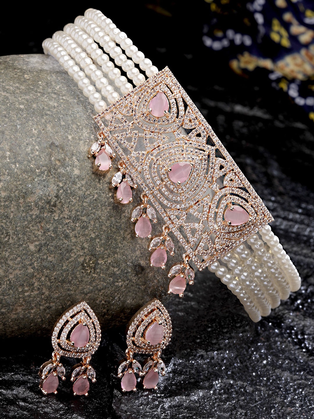 

KARATCART Rose Gold Plated CZ Studded & Pearls Beaded Jewellery Set