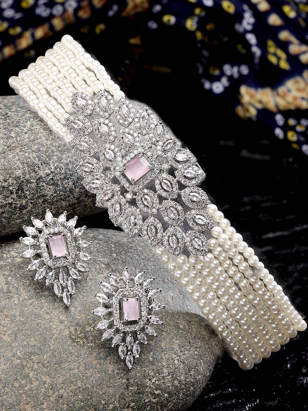 

KARATCART Silver Plated CZ Studded & Beaded Jewellery Set