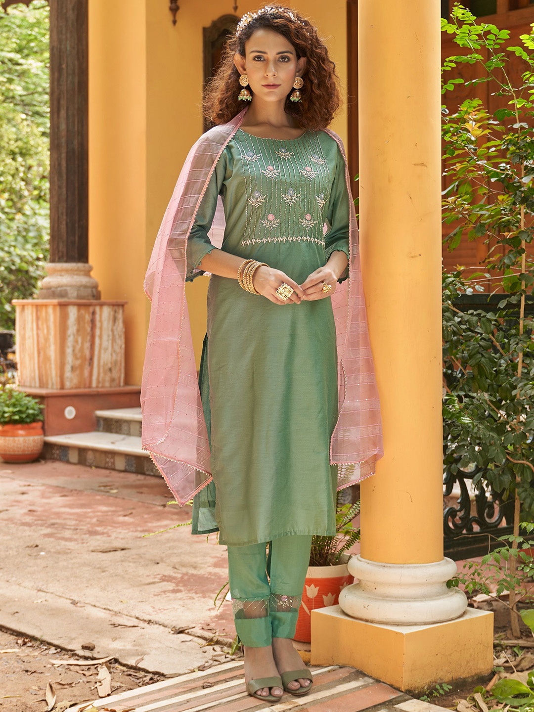 

Sangria Ethnic Motifs Embroidered Straight Kurta With Trouser & Dupatta, Green