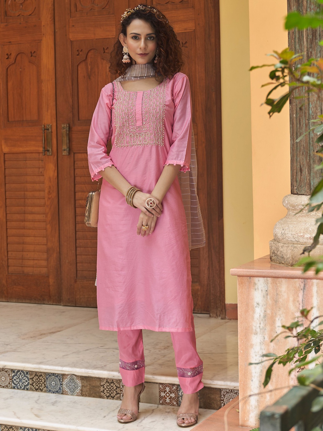 

Sangria Pink Ethnic Motifs Yoke Design Beads and Stones Kurta With Trouser & Dupatta