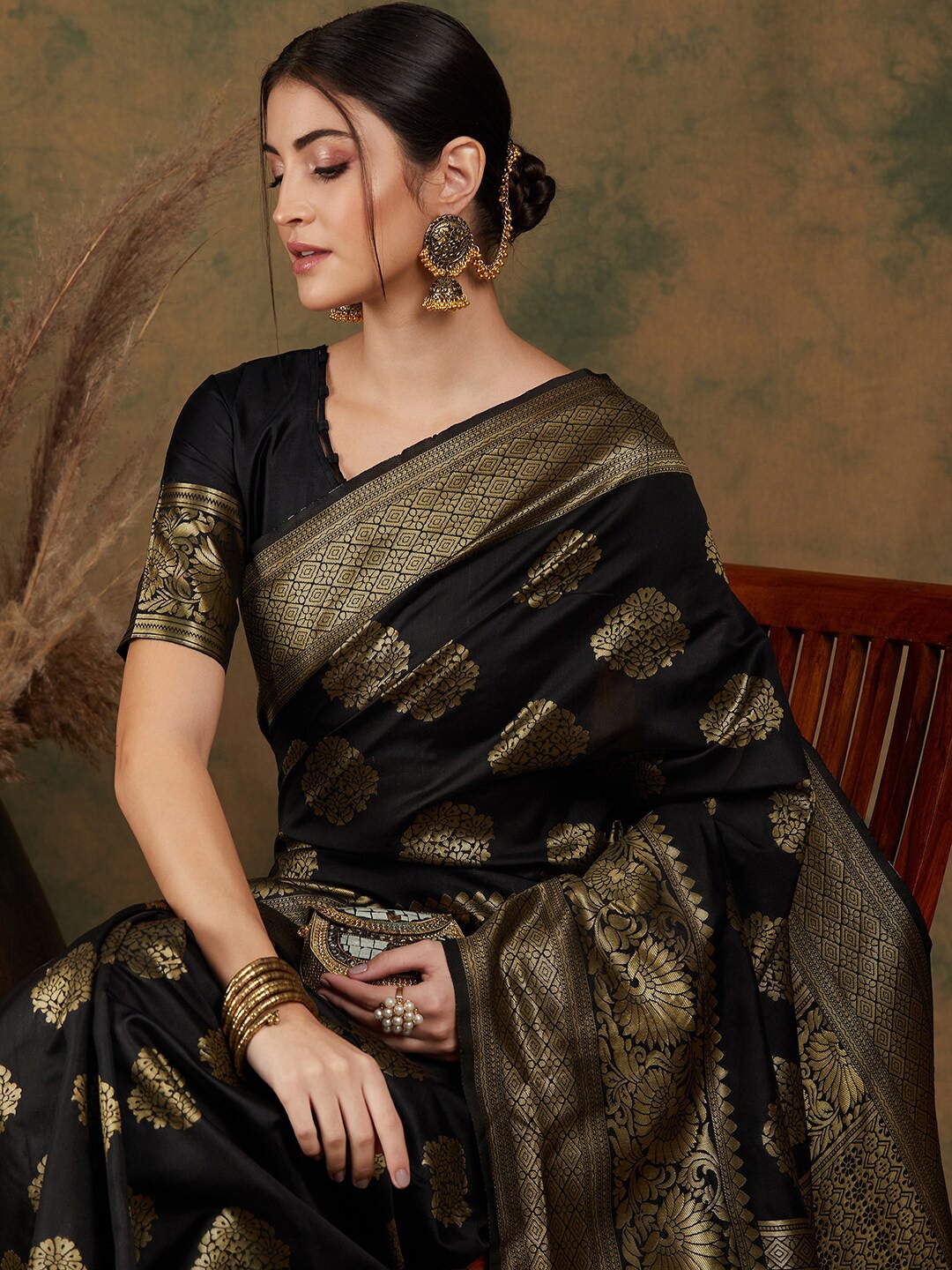 

Sangria Ethnic Motif Woven-Design Banarasi Sarees, Black