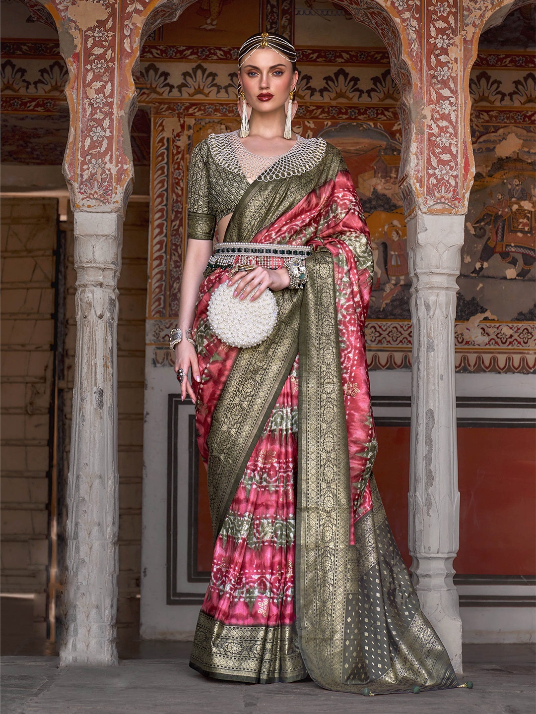

Mitera Red & Green Abstract Printed Zari Patola Saree