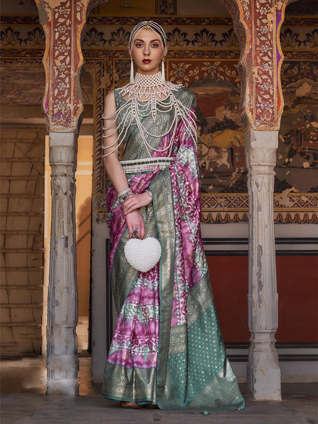 

Mitera Abstract Printed Zari Patola Saree, Pink