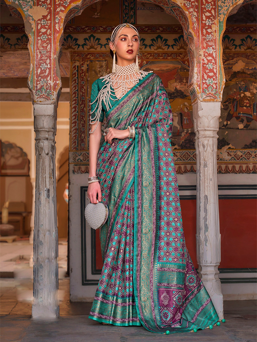 

Mitera Purple & Green Geometric Printed Zari Silk Blend Patola Saree