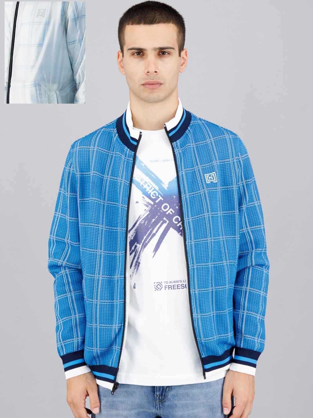 

FREESOUL Checked Reversible Bomber Jacket, Blue