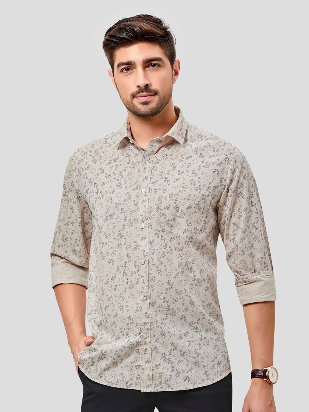 

INSPIRO Floral Printed Classic Slim Fit Casual Shirt, Beige