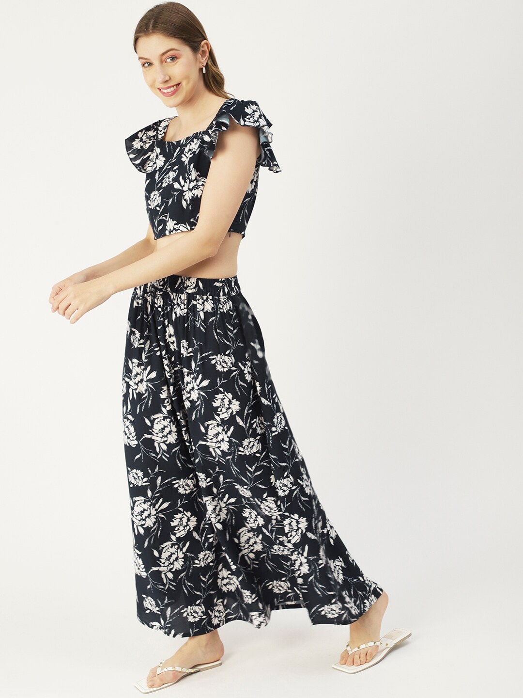 

Moomaya Printed Square Neck Crop Top & Skirt, Navy blue
