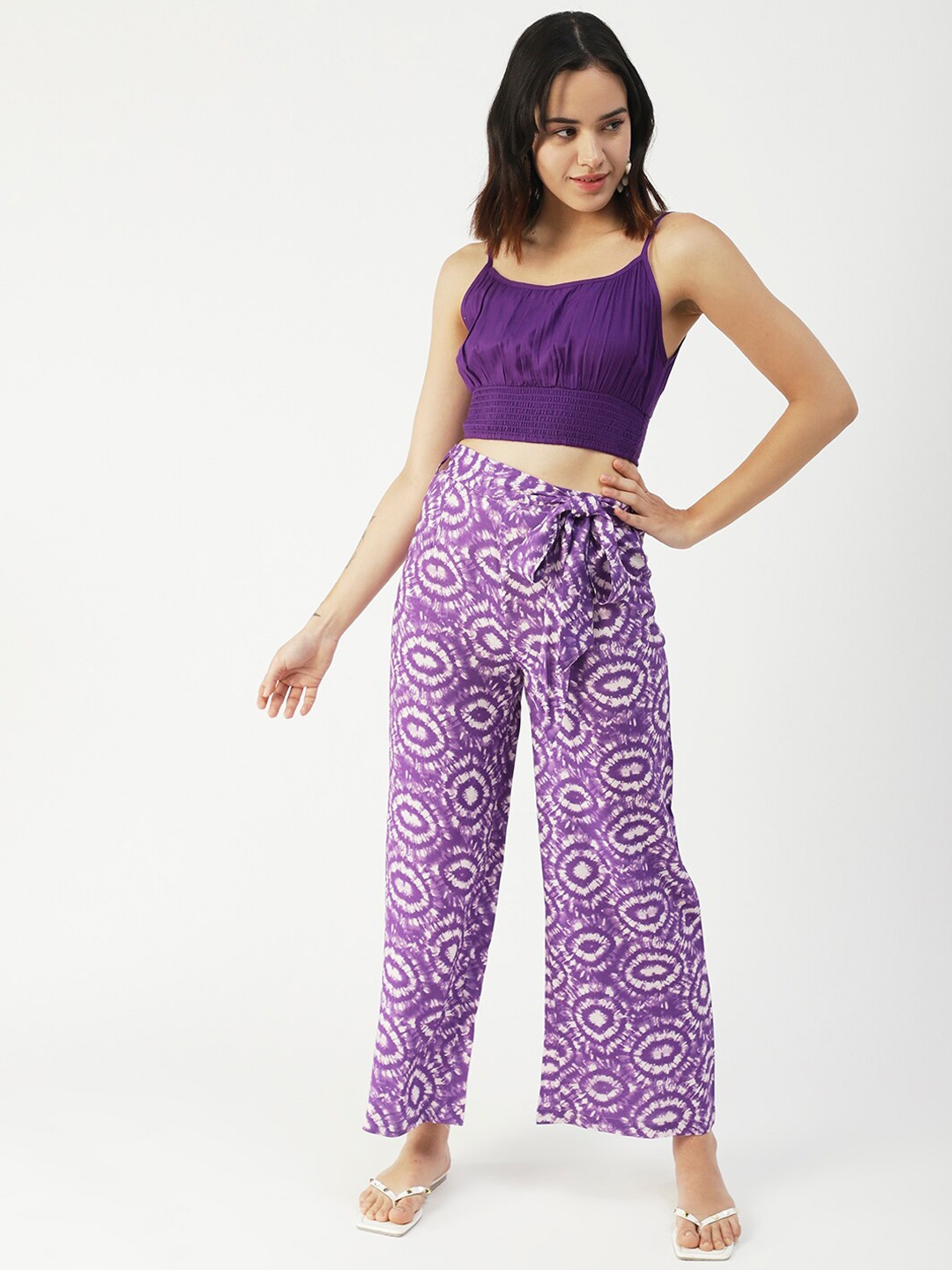 

Moomaya Tie & Dye Printed Crop Top With Palazzos, Purple