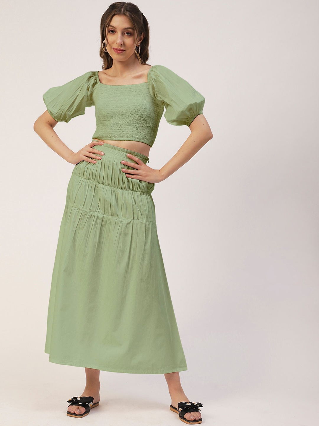 

Moomaya Square Neck Puffed Sleeves Pure Cotton Smocked Crop Top With Skirt, Green