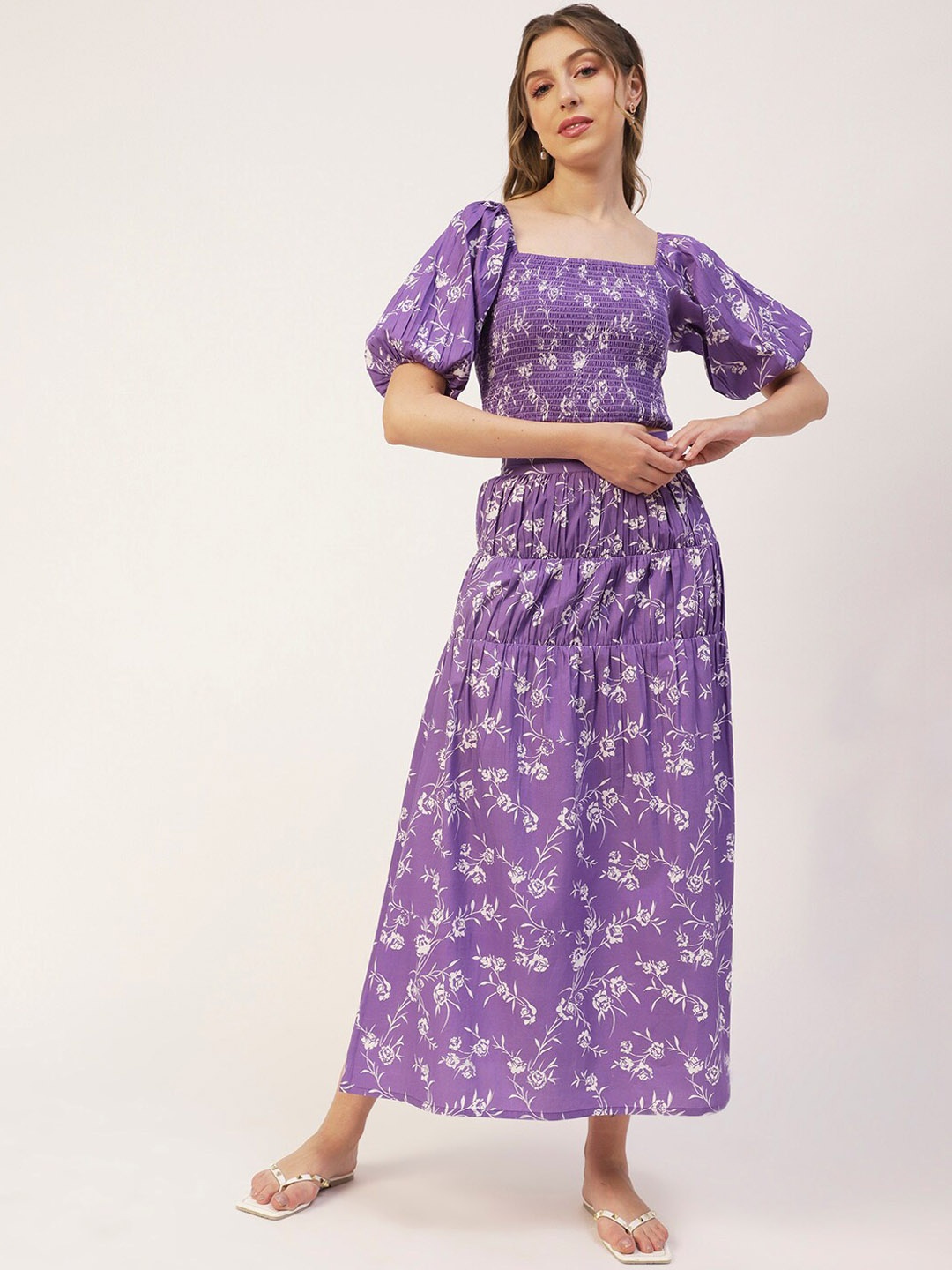

Moomaya Floral Printed Pure Cotton Crop Top With Skirt, Purple