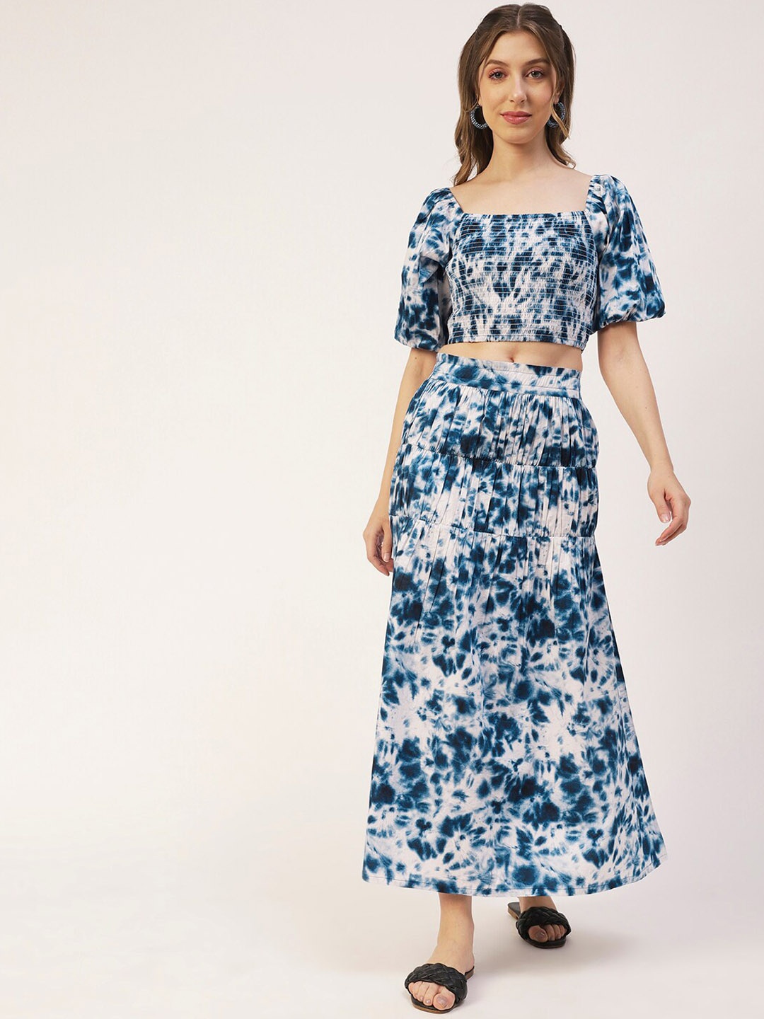 

Moomaya Tie & Dye Printed Pure Cotton Crop Top With Skirt, Blue