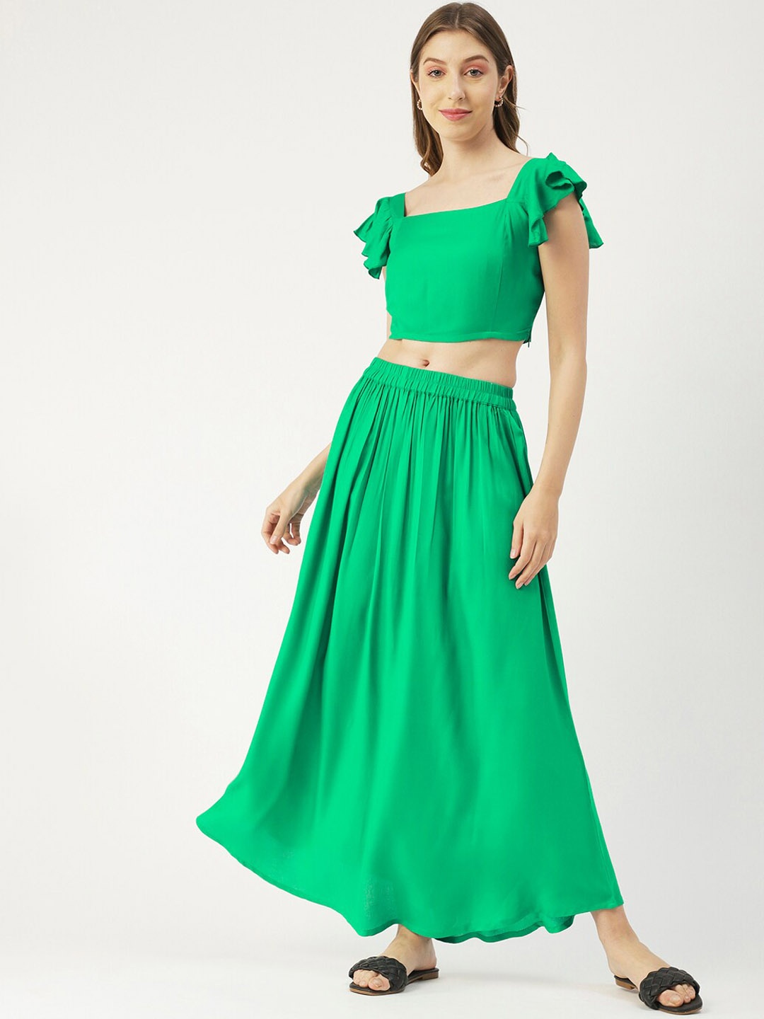 

Moomaya Square Neck Crop Top With Skirt, Green