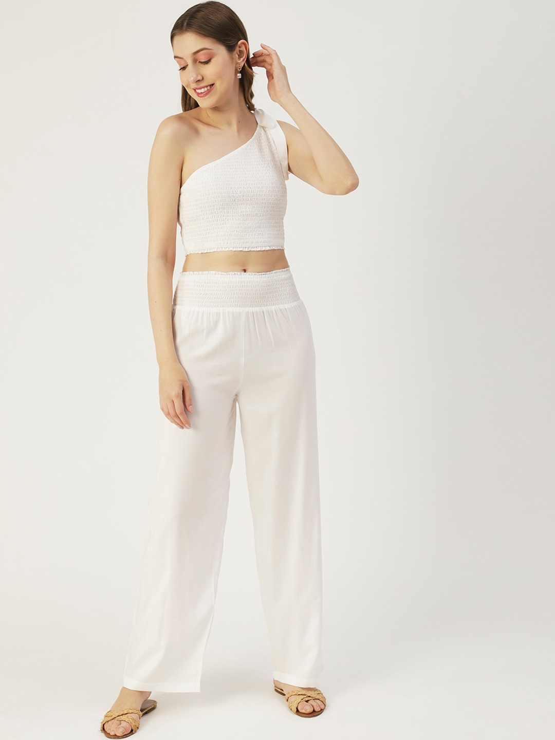 

Moomaya One Shoulder Crop Top With Trousers, White