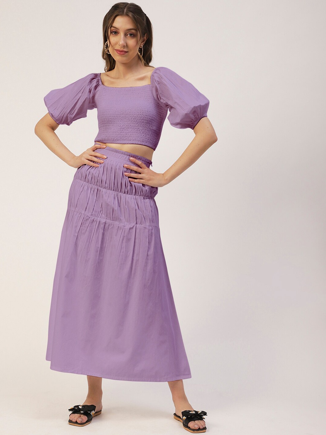 

Moomaya Cotton Crop Top With Skirt Co-Ords, Purple