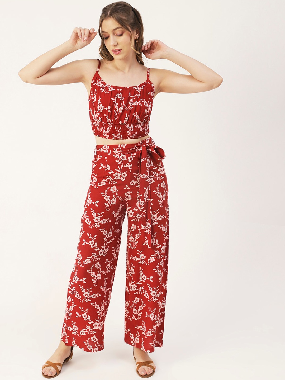 

Moomaya Printed Shoulder Straps Crop Top With Palazzo, Red