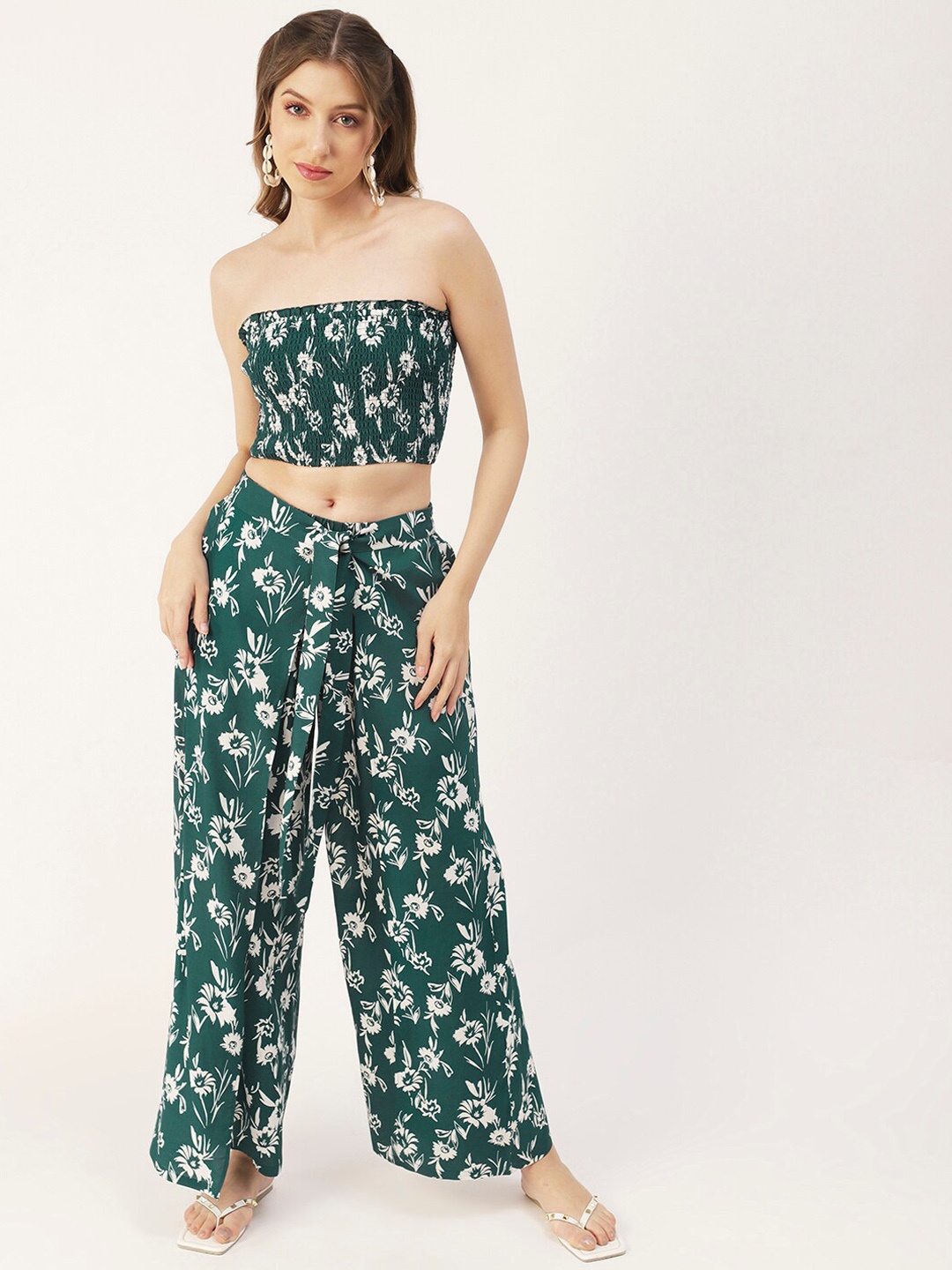 

Moomaya Floral Printed Smocked Crop Top With Palazzo, Green