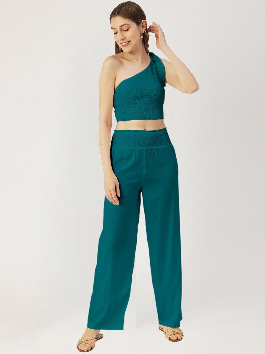 

Moomaya One-Shoulder Crop-Top & Palazzo Co-Ords Set, Teal