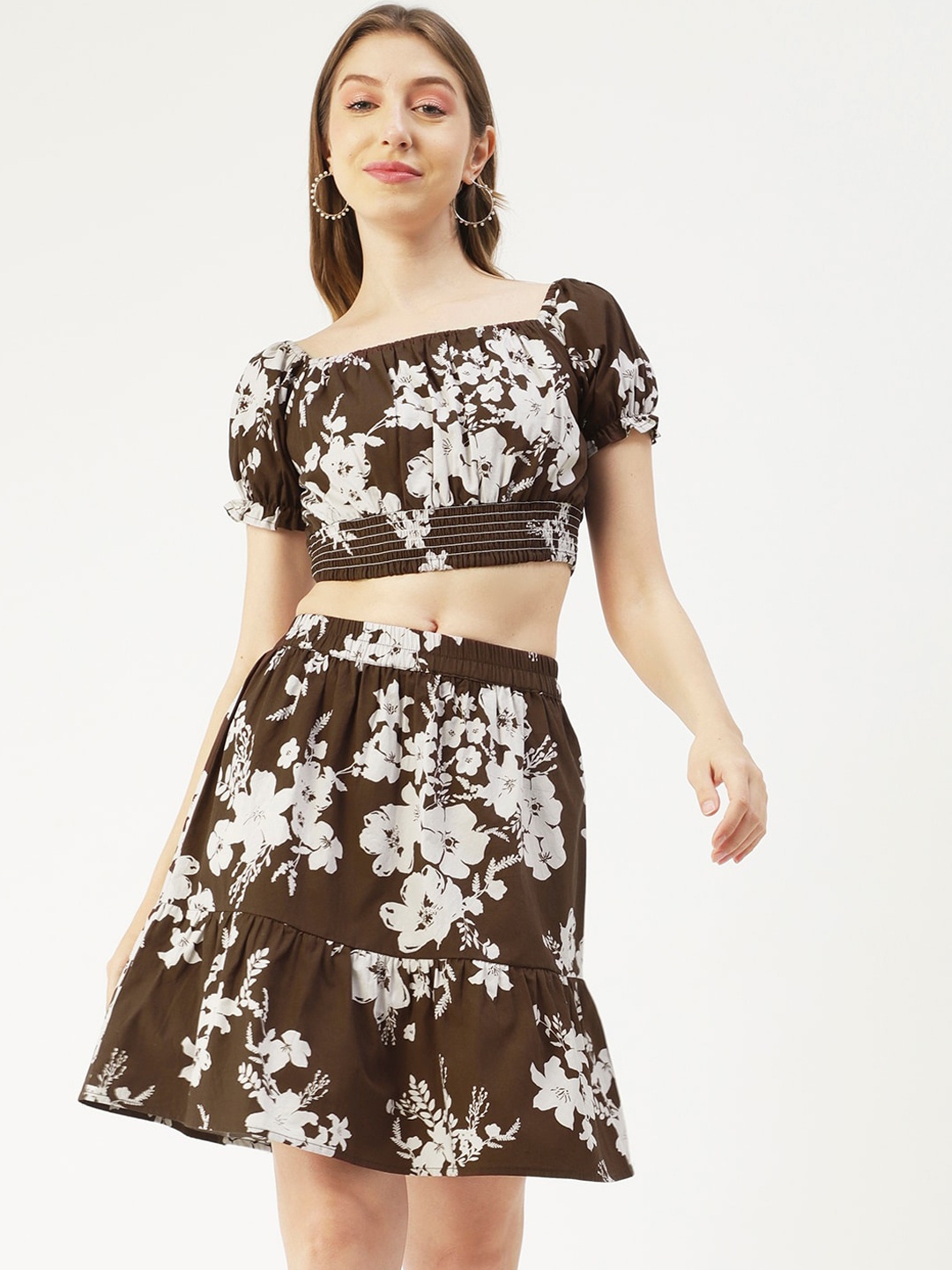 

Moomaya Floral Printed Cotton Crop Top With Skirt Co-Ords, Brown