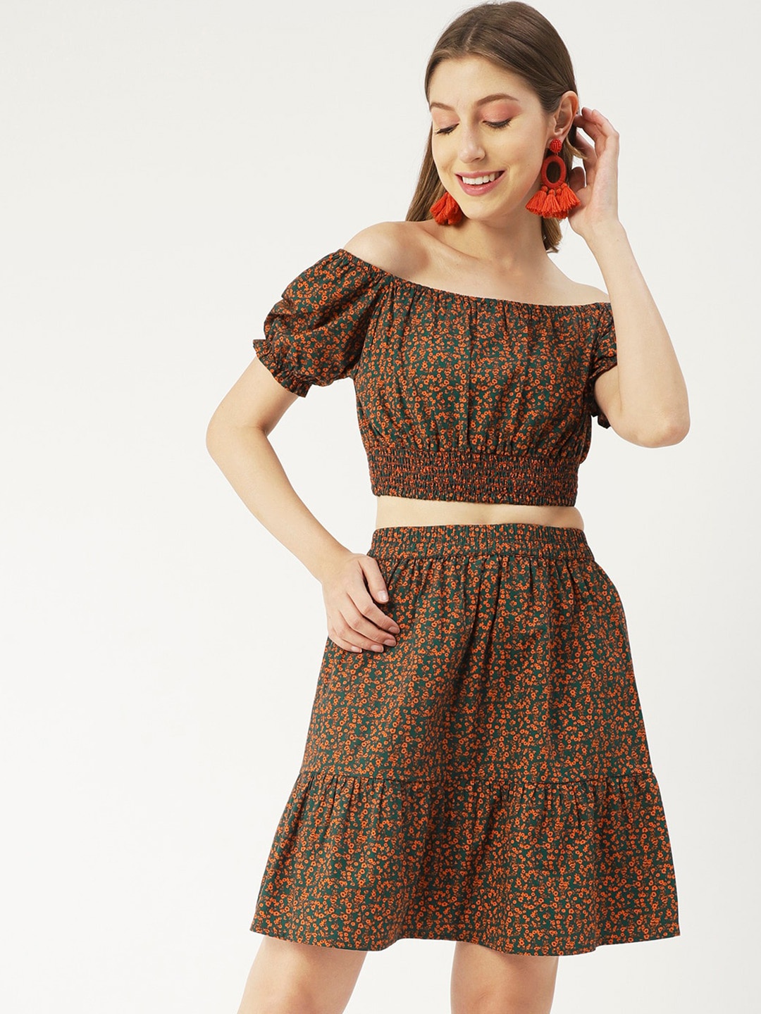 

Moomaya Floral Printed Pure Cotton Off Shoulder Top With Skirt, Green