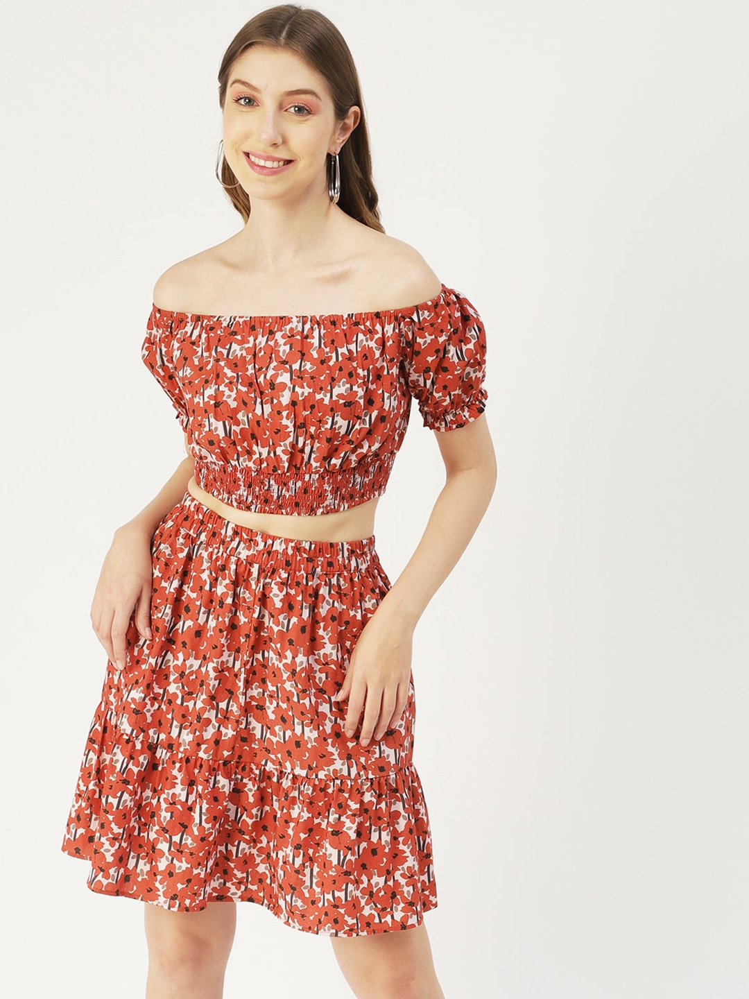 

Moomaya Floral Printed Pure Cotton Off Shoulder Top With Skirt, Orange