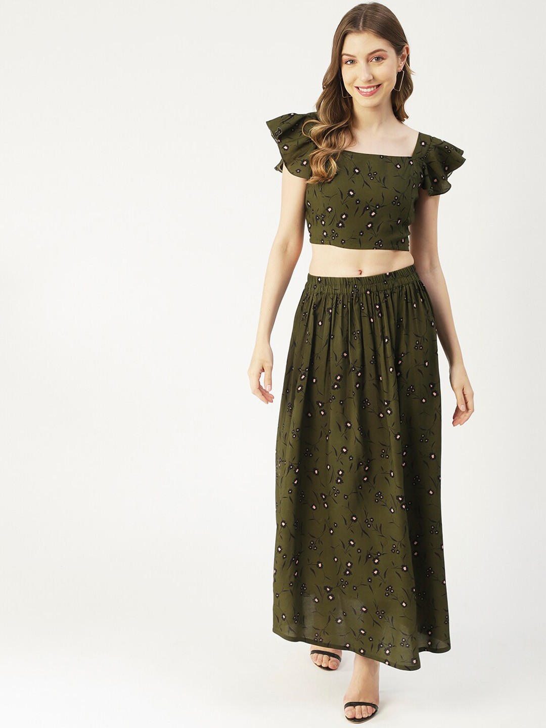 

Moomaya Printed Square Neck Crop Top & Skirt, Green