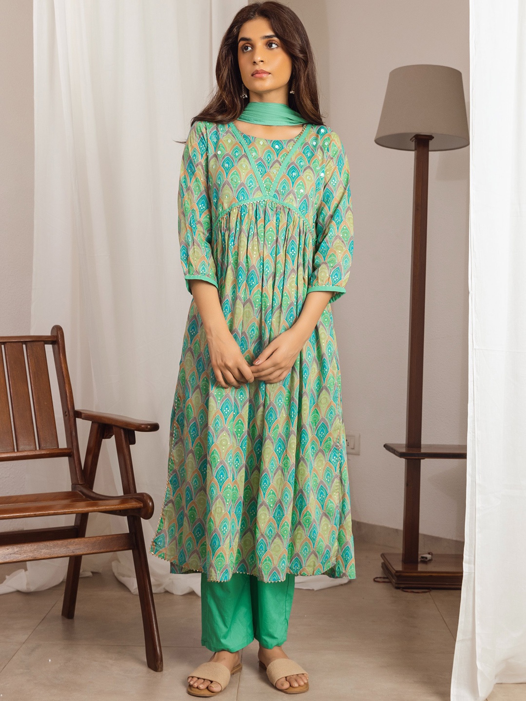 

Sangria Ethnic Motifs Printed Pure Cotton A-line Kurta With Trousers & Dupatta, Sea green