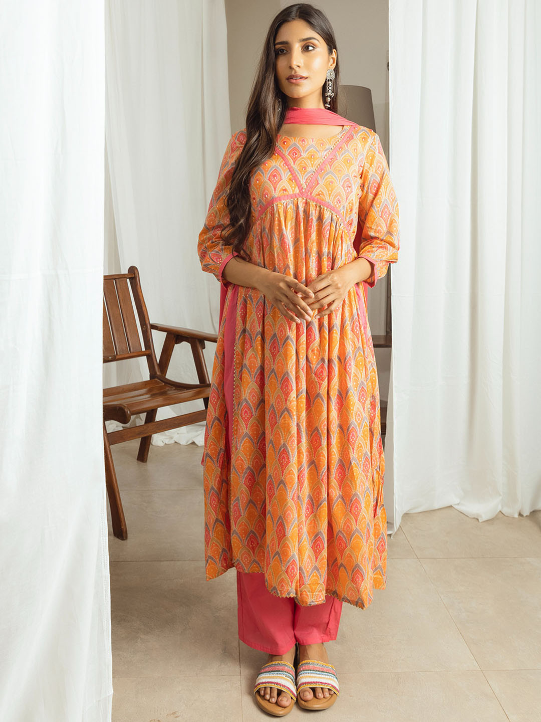 

Sangria Bandhani Printed Pure Cotton Naira cut Kurta & Trouser With Dupatta, Orange