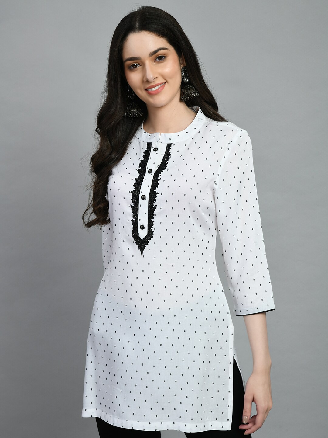 

MEESAN Round Neck Geometric Printed Embroidered Yoke Design Detail Kurti, White