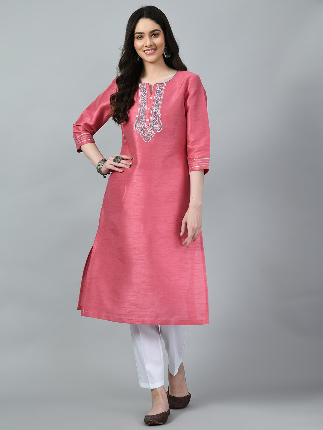 

MEESAN Ethnic Motif Embroidered Yoke Design Thread Work Kurta, Pink
