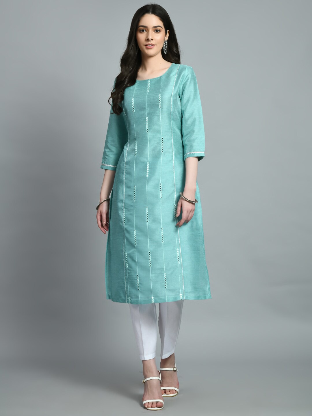 

MEESAN Round Neck Woven Design Mirror Work A-Line Kurta, Blue