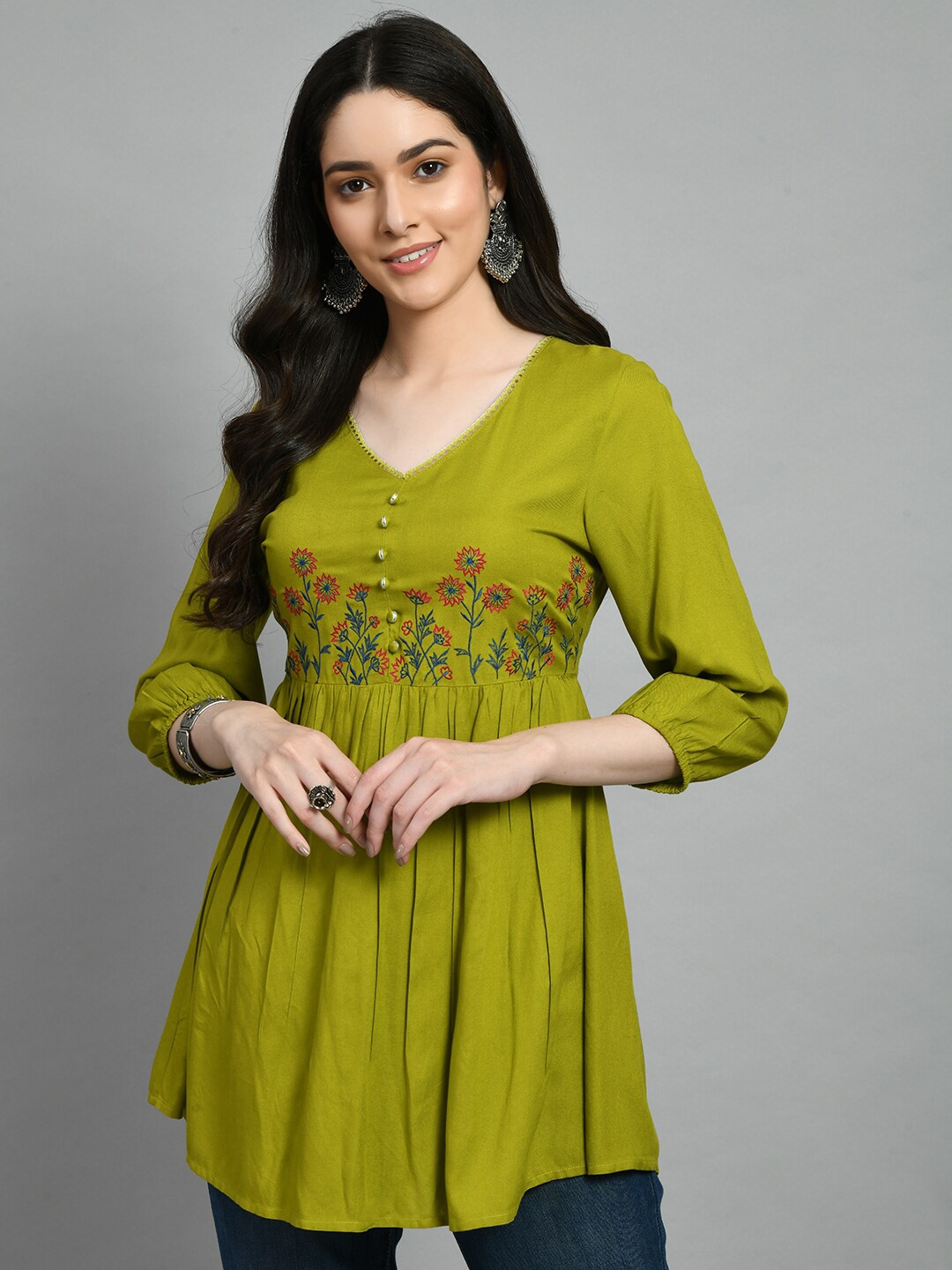 

MEESAN Floral Embroidered A-Line Tunic, Green