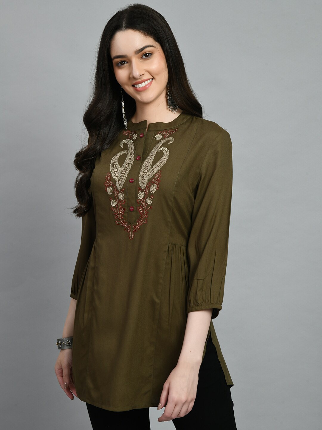 

MEESAN Embroidered Mandarin Collar Ethnic Tunic, Olive