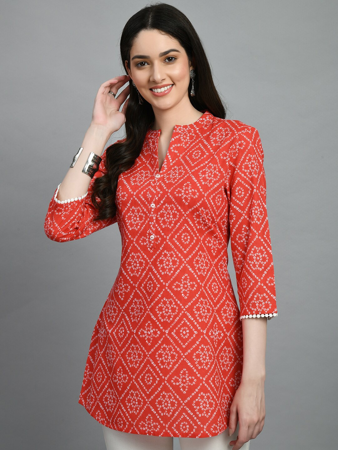 

MEESAN Bandhani Printed Mandarin Collar Ethnic Tunic, Orange