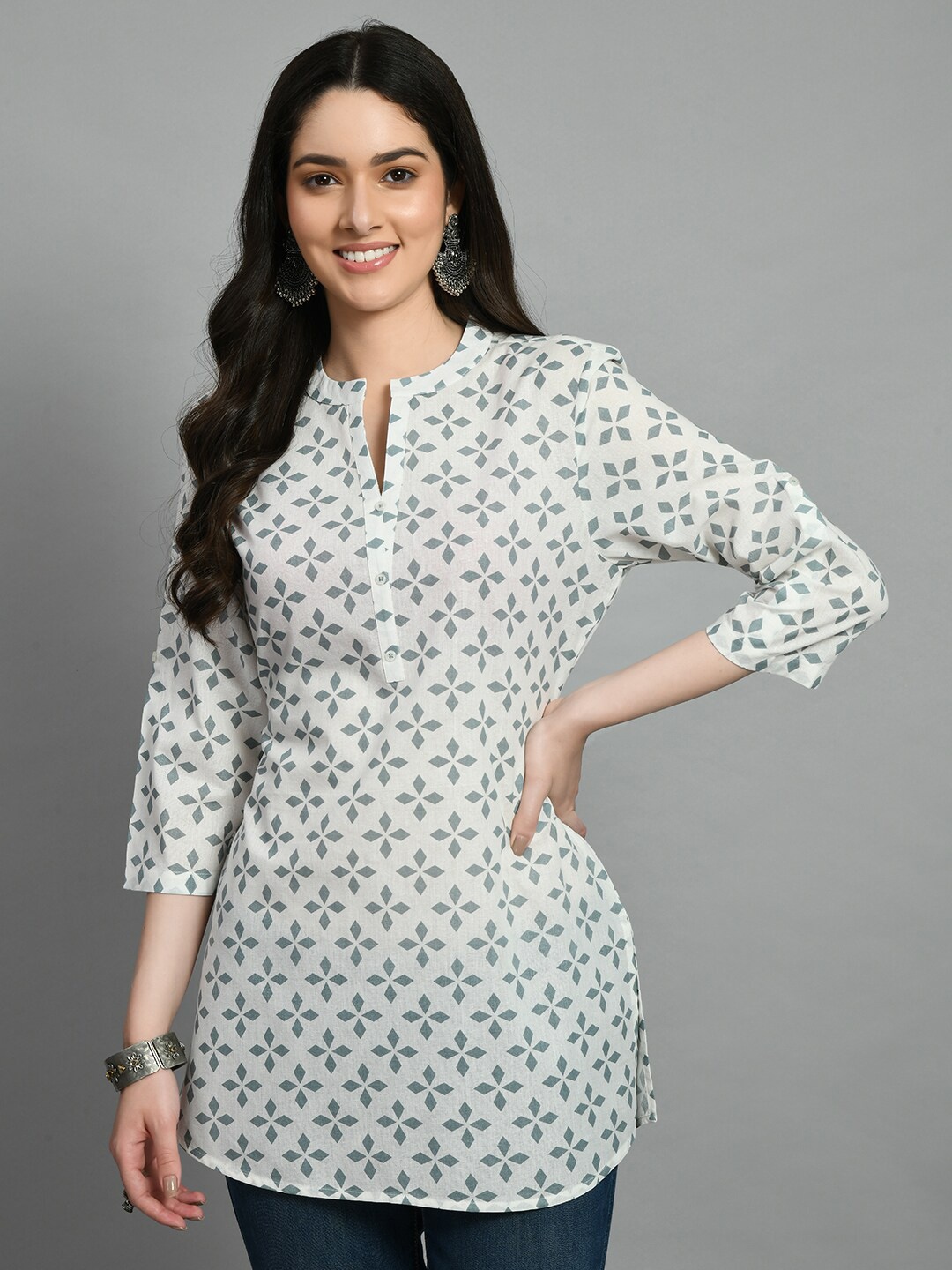 

MEESAN mandarin collar Geometric Printed A-Line Kurti, White