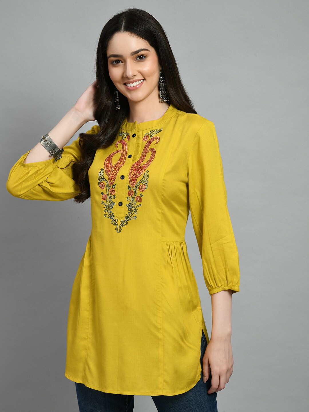 

MEESAN Mandarin Collar Ethnic Motifs Embroidered Yoke Design Puff Sleeve Pleated Kurti, Mustard