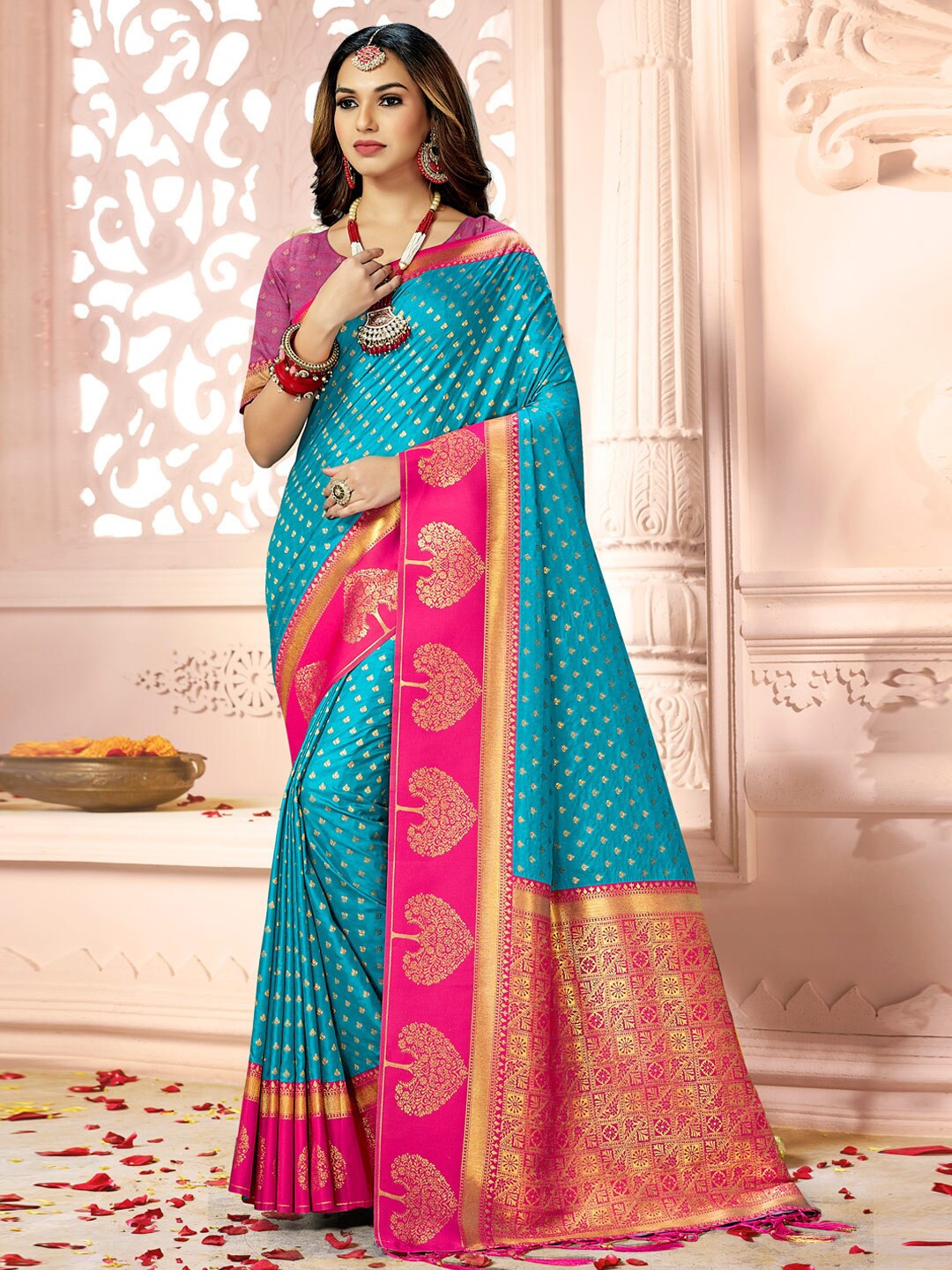 

Mitera Blue & Pink Ethnic Motifs Woven Design Zari Saree