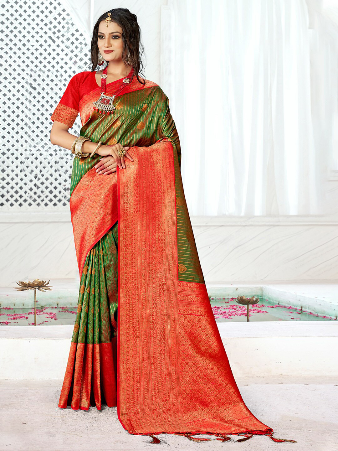 

Mitera Green & Red Ethnic Motifs Woven Design Zari Saree