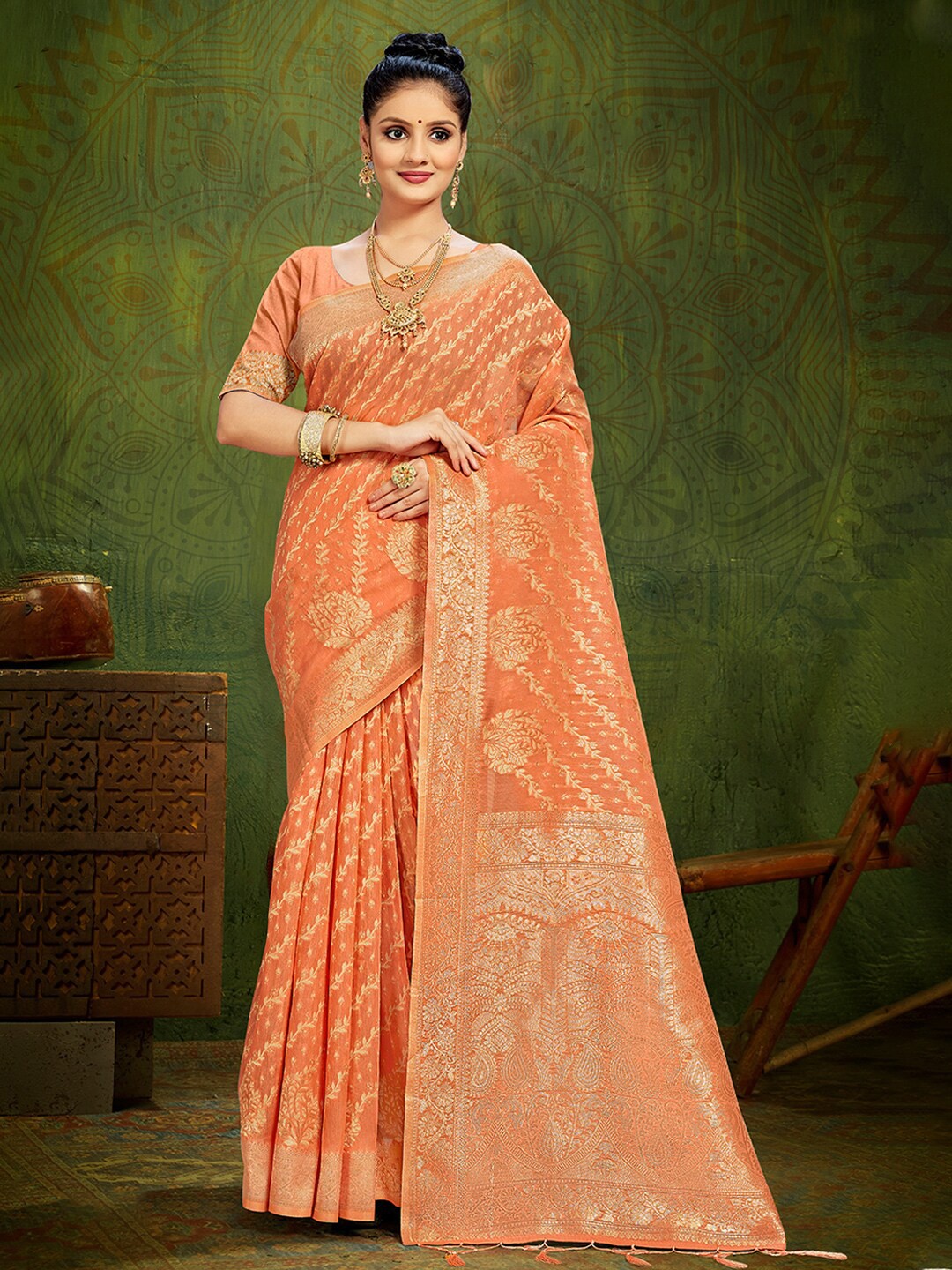 

Mitera Orange & Gold-Toned Ethnic Motifs Woven Design Zari Saree