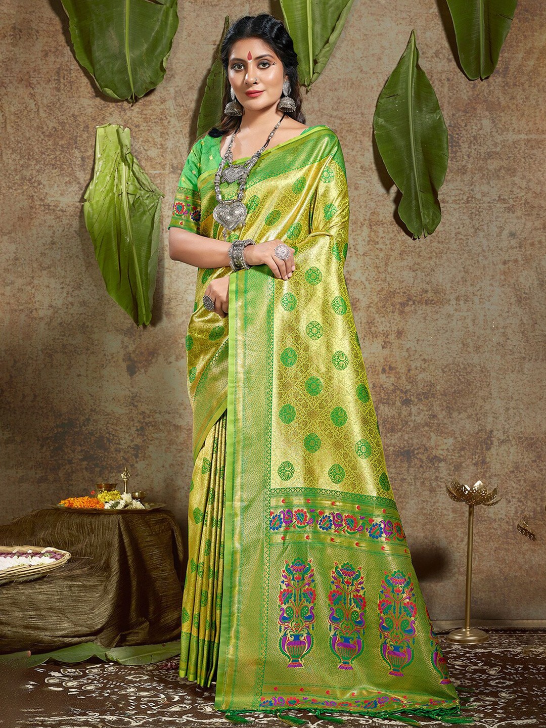 

Mitera Green & Red Ethnic Motifs Woven Design Zari Pure Silk Saree