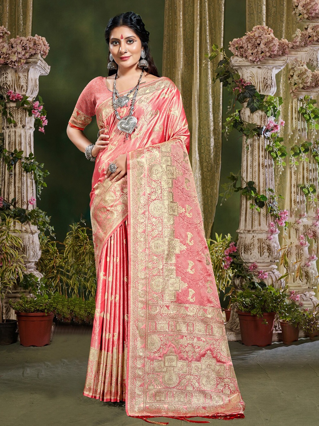 

Mitera Peach & Gold-Toned Ethnic Motifs Woven Design Zari Pure Silk Banarasi Saree