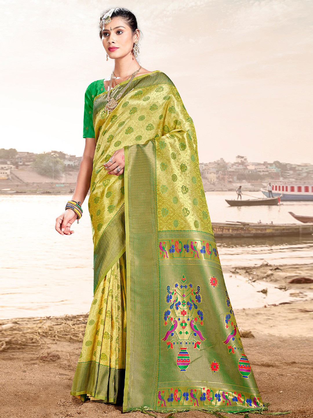 

Mitera Green & Gold-Toned Ethnic Motifs Woven Design Zari Pure Silk Saree