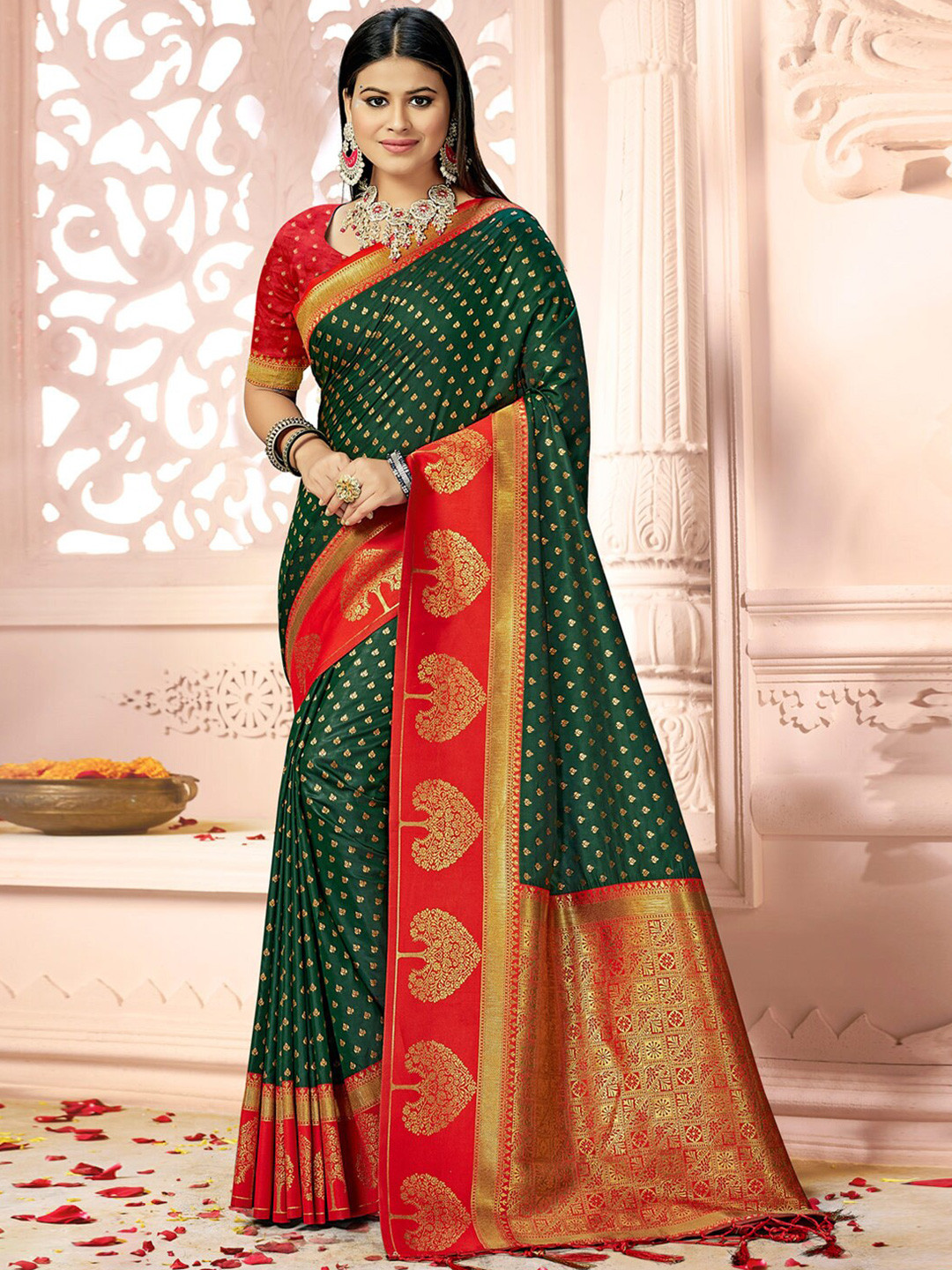 

Mitera Green & Red Woven Design Zari Silk Blend Saree