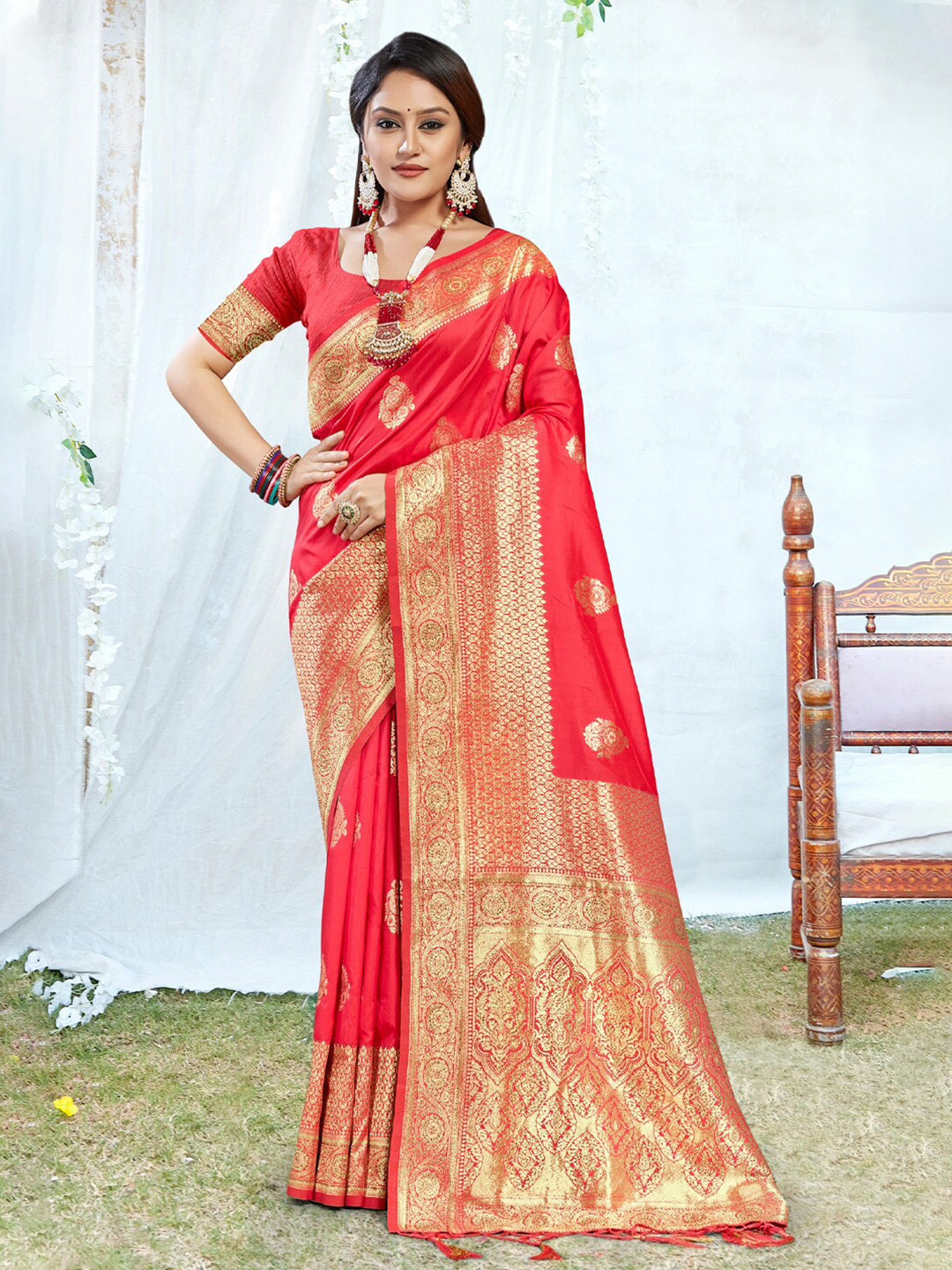

Mitera Peach-Coloured & Gold-Toned Ethnic Motifs Woven Design Pure Silk Banarasi Saree