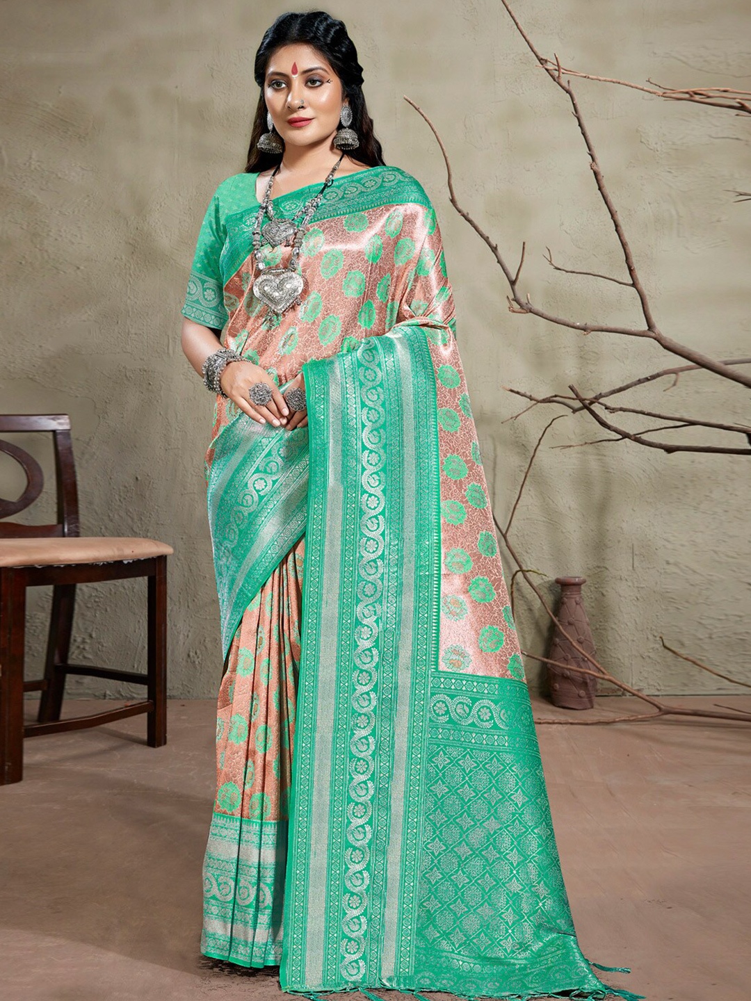 

Mitera Blue & Pink Ethnic Motif Woven Design Zari Saree
